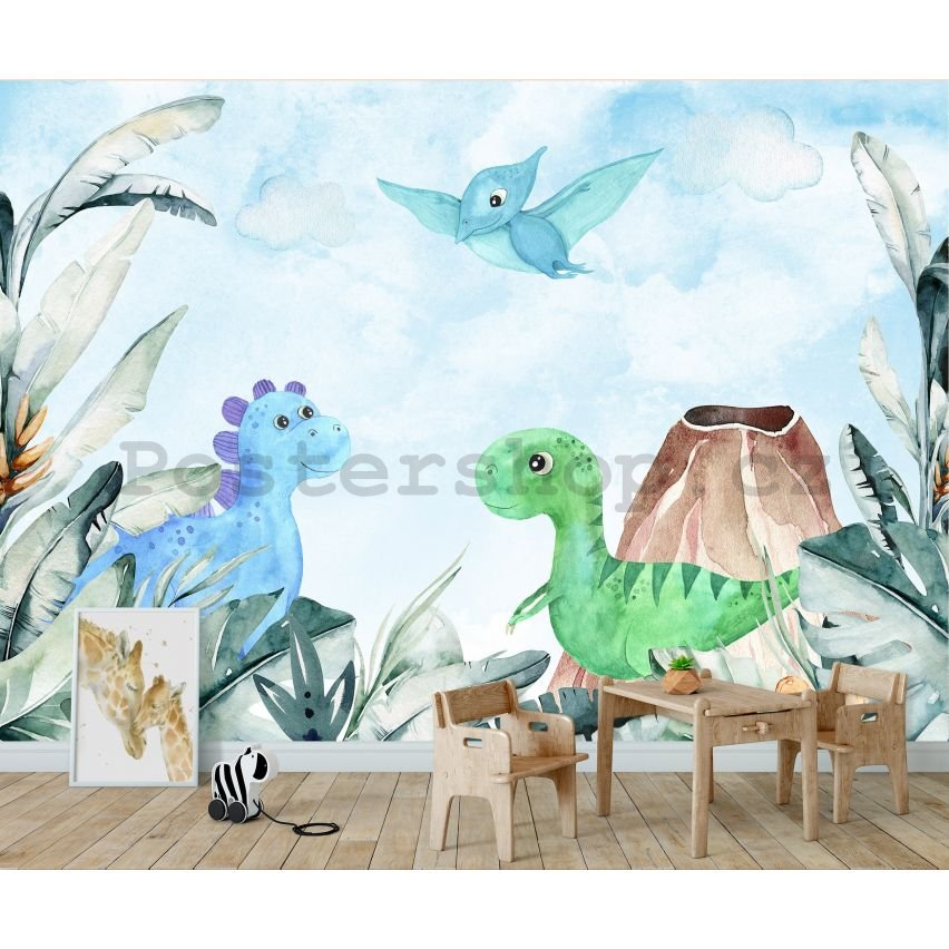 Fototapeta vliesová: For kids dinosaurs watercolour - 416x254 cm