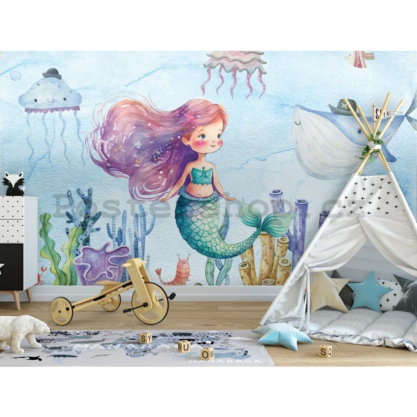 Fototapeta vliesová: For kids mermaid watercolour (1) - 416x254 cm